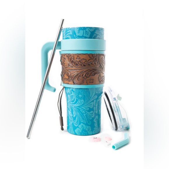 Myra Bag Other - NWT Myra Western Travel Mug w/ Lid + Handle Hand Tooled Leather Wrap & Straw